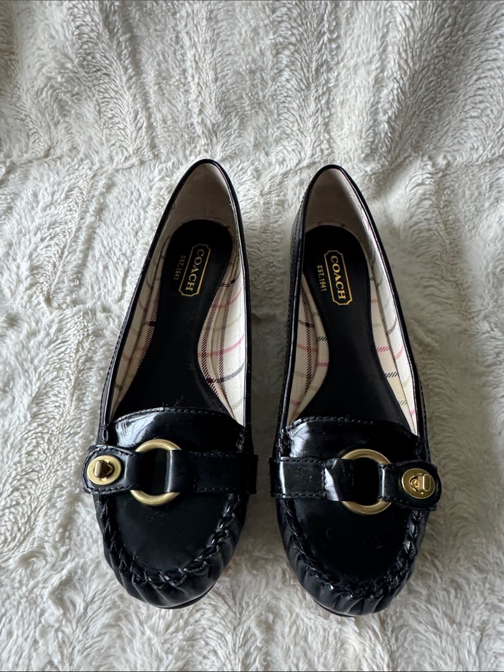Coach Black Patent Leather Moccasin Loafers with Gold Hardware